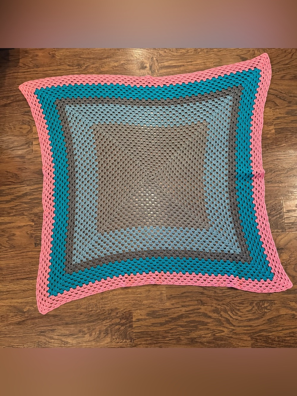 Handmade Pink Blue Gray Crochet Afghan Lap Blanket Throw 45"x45" Granny Square